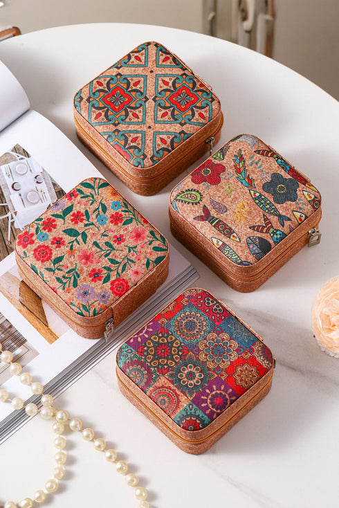 Retro Floral Print Portable Faux Leather Square Jewelry Box