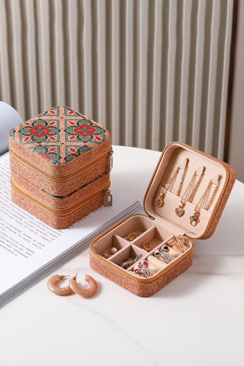 Retro Floral Print Portable Faux Leather Square Jewelry Box