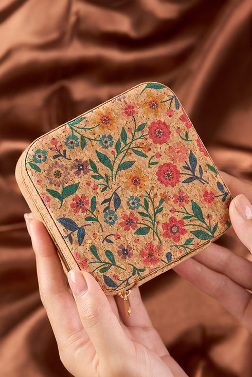 Retro Floral Print Portable Faux Leather Square Jewelry Box