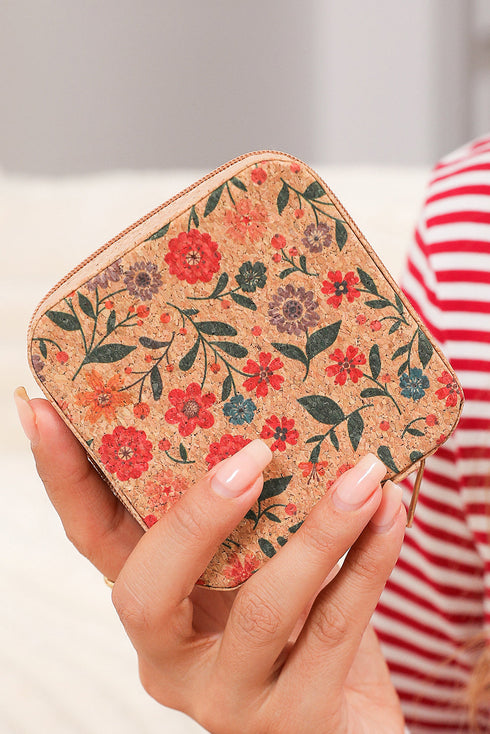 Retro Floral Print Portable Faux Leather Square Jewelry Box