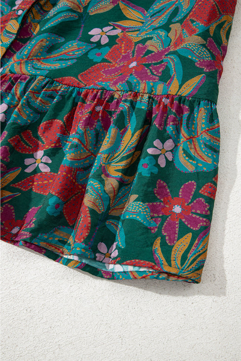 Retro Floral Print Ruffle Detail Belted Tiered Mini Dress