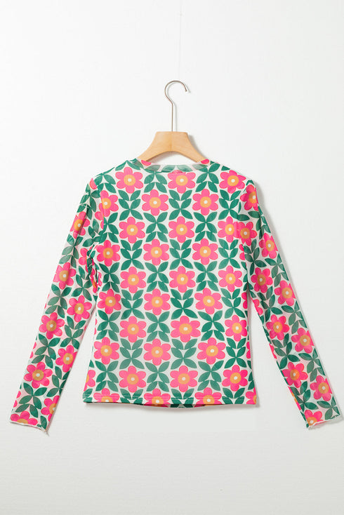 Retro Floral Print Sheer Long Sleeve Bodycon Top