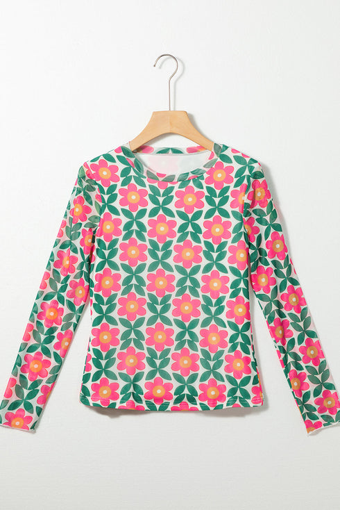 Retro Floral Print Sheer Long Sleeve Bodycon Top