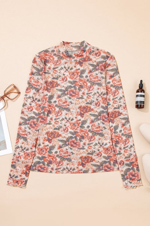 Retro Floral Print Sheer Mesh Mock Neck Long Sleeve Top