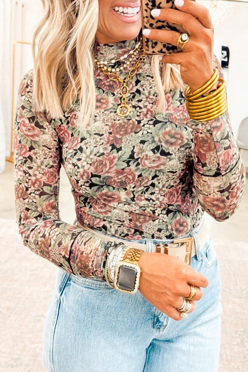 Retro Floral Print Sheer Mesh Mock Neck Long Sleeve Top