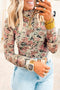 Retro Floral Print Sheer Mesh Mock Neck Long Sleeve Top