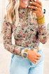 Retro Floral Print Sheer Mesh Mock Neck Long Sleeve Top