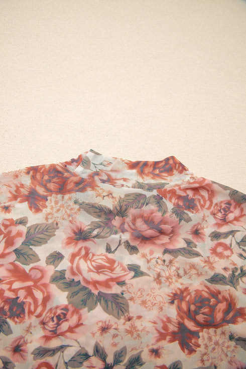 Retro Floral Print Sheer Mesh Mock Neck Long Sleeve Top