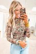 Retro Floral Print Sheer Mesh Mock Neck Long Sleeve Top