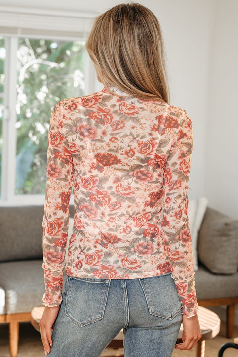 Retro Floral Print Sheer Mesh Mock Neck Long Sleeve Top