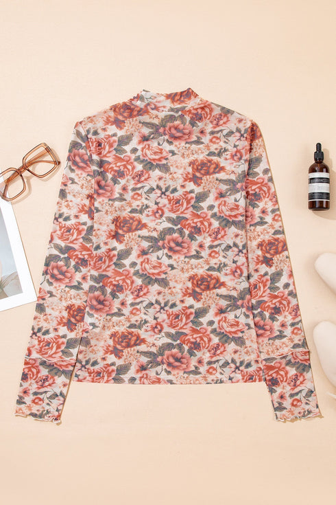 Retro Floral Print Sheer Mesh Mock Neck Long Sleeve Top