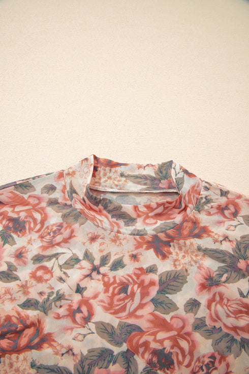 Retro Floral Print Sheer Mesh Mock Neck Long Sleeve Top