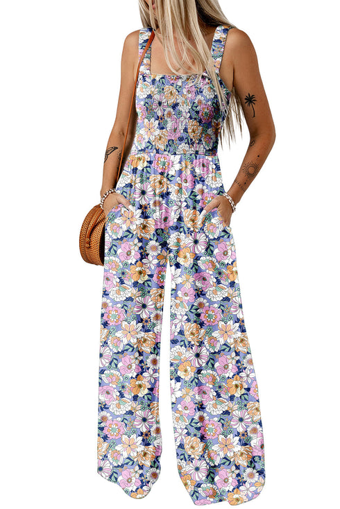 Retro Floral Print Smocked Bodice Wide Leg Jumpsuit