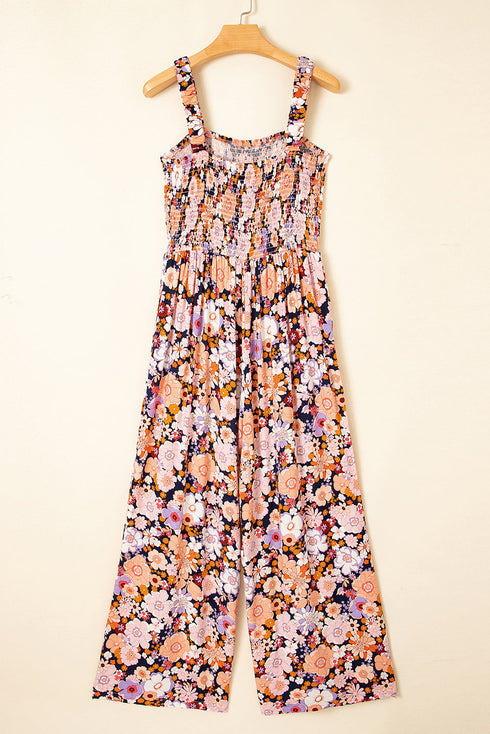 Retro Floral Print Smocked Bodice Wide Leg Jumpsuit