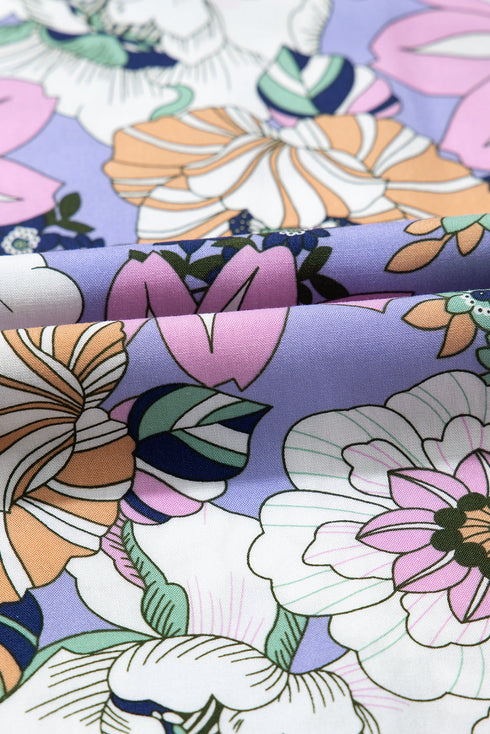 Retro Floral Print Smocked Bodice Wide Leg Jumpsuit