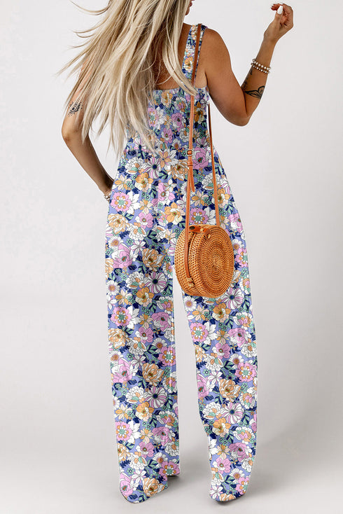 Retro Floral Print Smocked Bodice Wide Leg Jumpsuit