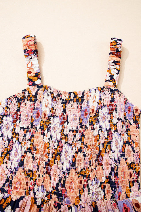 Retro Floral Print Smocked Bodice Wide Leg Jumpsuit