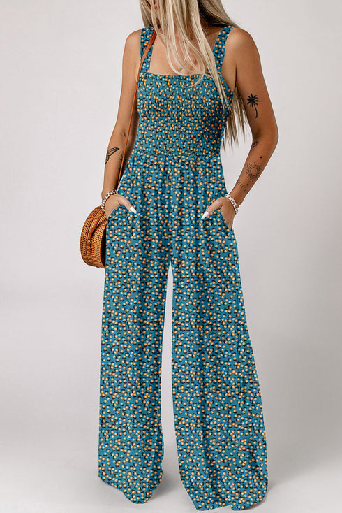 Retro Floral Print Smocked Bodice Wide Leg Jumpsuit