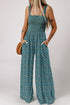 Retro Floral Print Smocked Bodice Wide Leg Jumpsuit