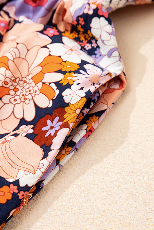 Retro Floral Print Smocked Bodice Wide Leg Jumpsuit