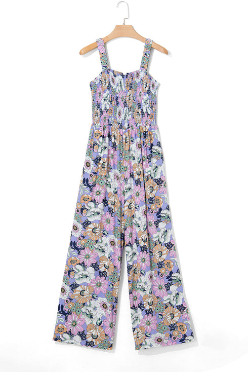 Retro Floral Print Smocked Bodice Wide Leg Jumpsuit
