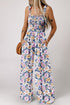 Retro Floral Print Smocked Bodice Wide Leg Jumpsuit