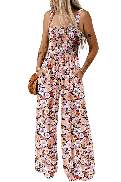 Retro Floral Print Smocked Bodice Wide Leg Jumpsuit