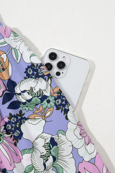 Retro Floral Print Smocked Bodice Wide Leg Jumpsuit