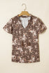 Retro Floral Print Tassel Tie Split Neck Short Sleeve Blouse