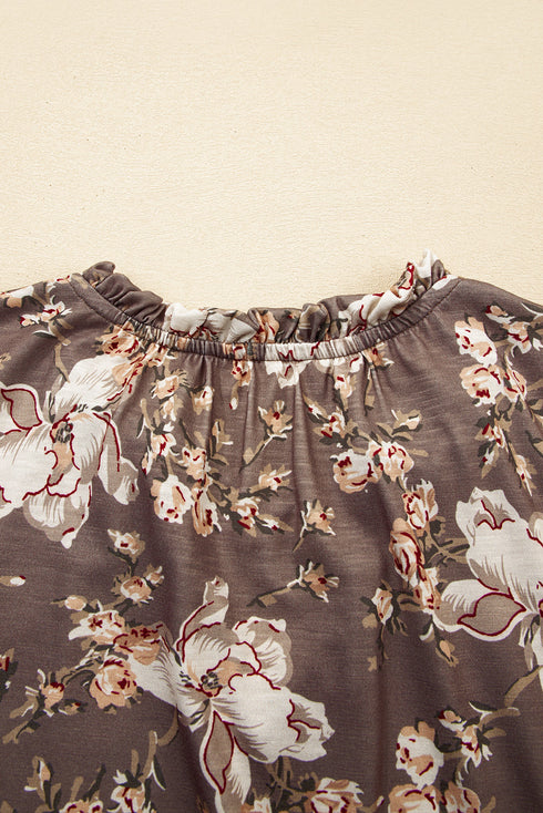 Retro Floral Print Tassel Tie Split Neck Short Sleeve Blouse
