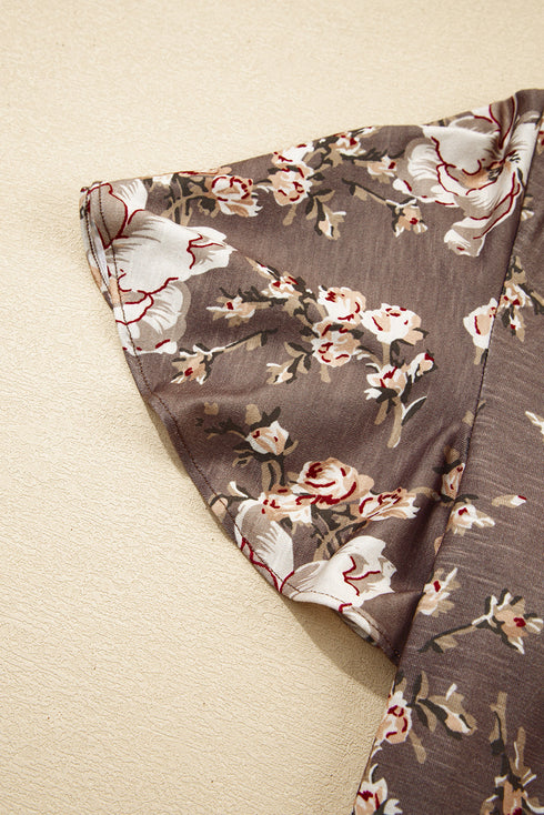 Retro Floral Print Tassel Tie Split Neck Short Sleeve Blouse