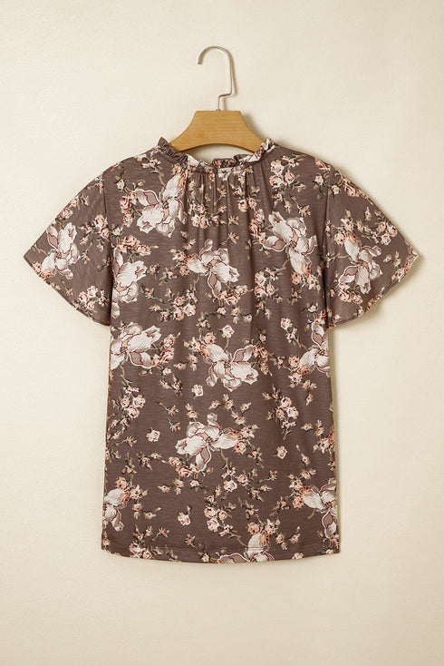Retro Floral Print Tassel Tie Split Neck Short Sleeve Blouse