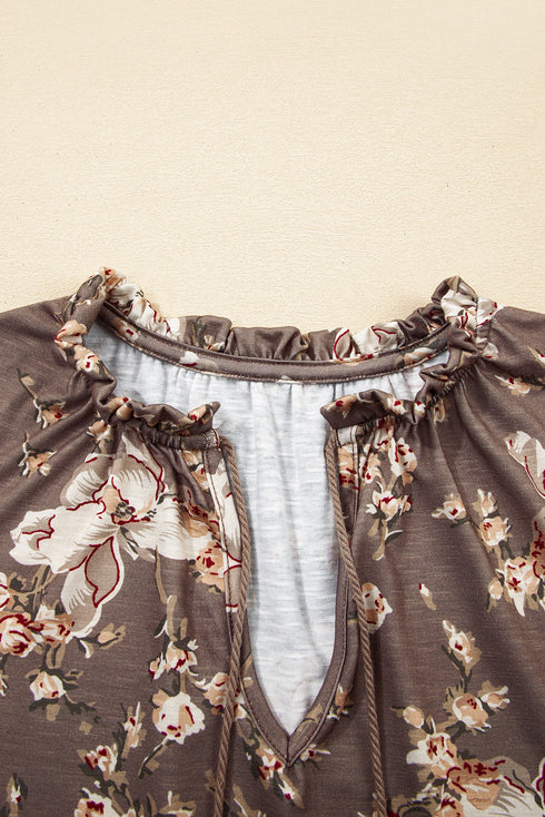 Retro Floral Print Tassel Tie Split Neck Short Sleeve Blouse