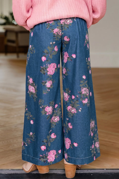 Retro Floral Print Tie Waist Pintuck Denim Jeans