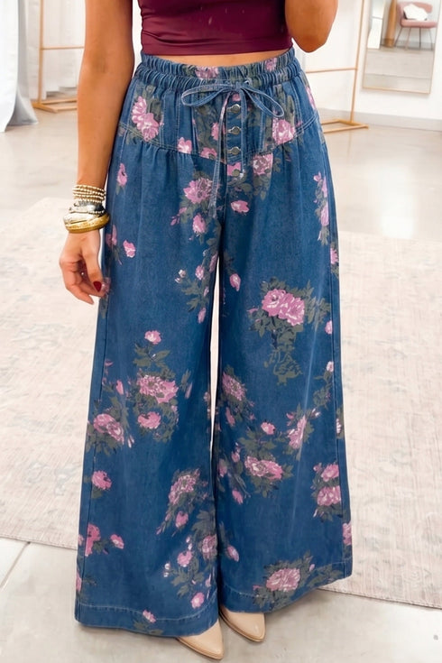 Retro Floral Print Tie Waist Pintuck Denim Jeans