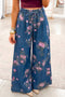Retro Floral Print Tie Waist Pintuck Denim Jeans