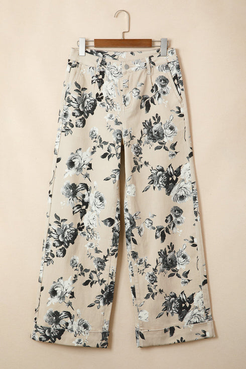 Retro Floral Print Turn Up Cuffed Hem Loose Jeans