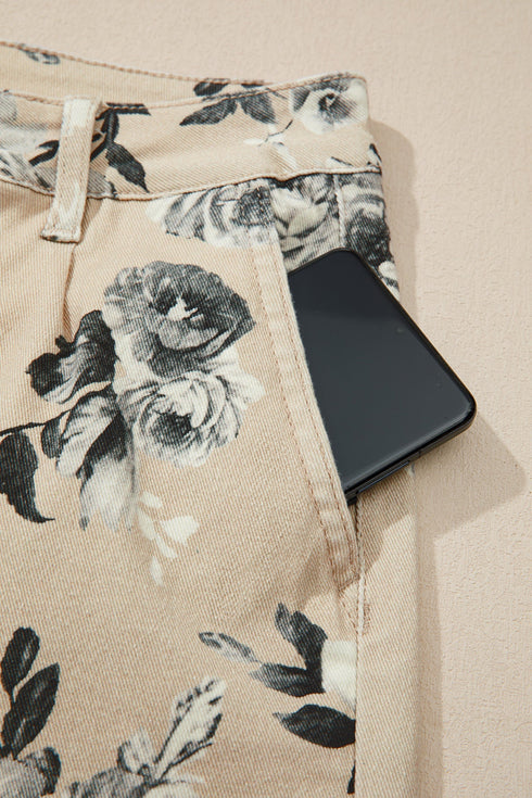 Retro Floral Print Turn Up Cuffed Hem Loose Jeans