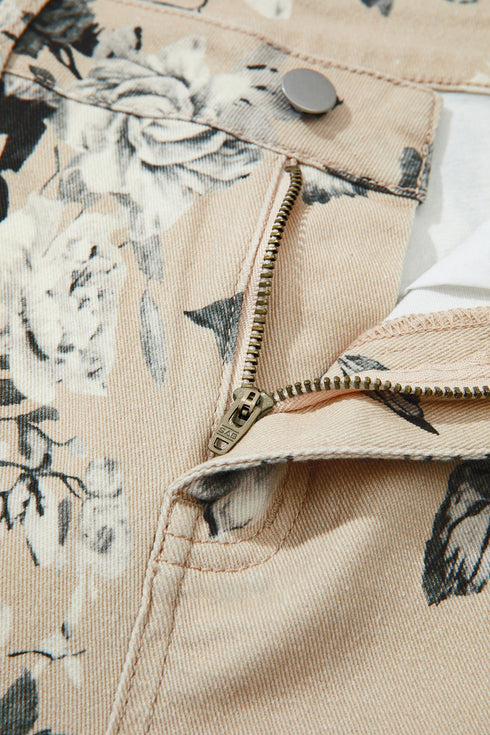 Retro Floral Print Turn Up Cuffed Hem Loose Jeans