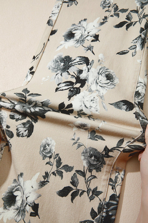 Retro Floral Print Turn Up Cuffed Hem Loose Jeans