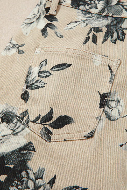 Retro Floral Print Turn Up Cuffed Hem Loose Jeans