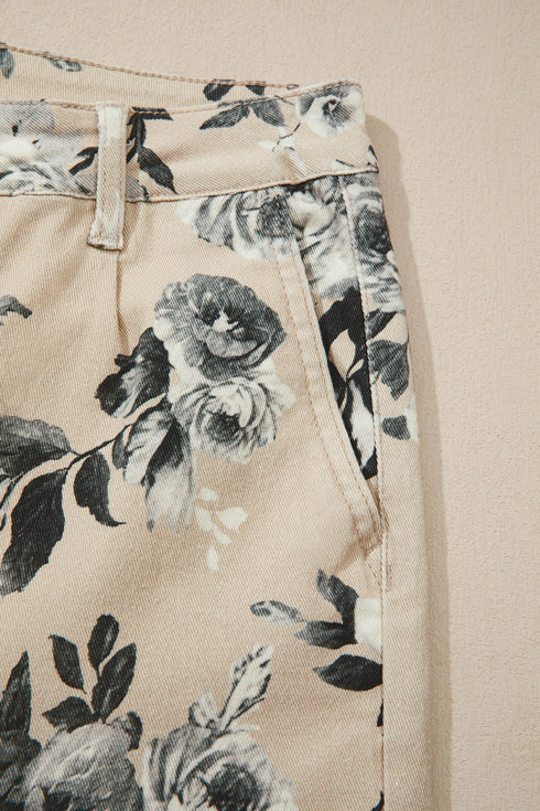 Retro Floral Print Turn Up Cuffed Hem Loose Jeans