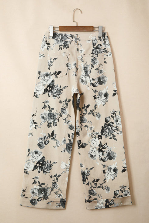 Retro Floral Print Turn Up Cuffed Hem Loose Jeans