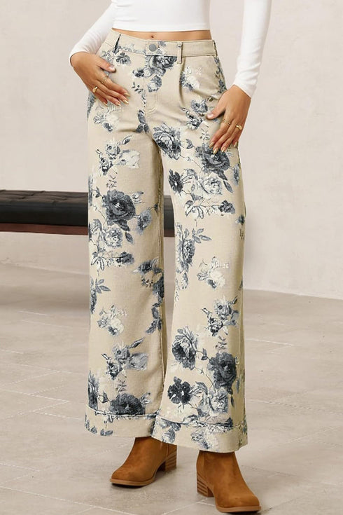 Retro Floral Print Turn Up Cuffed Hem Loose Jeans
