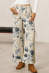 Retro Floral Print Turn Up Cuffed Hem Loose Jeans