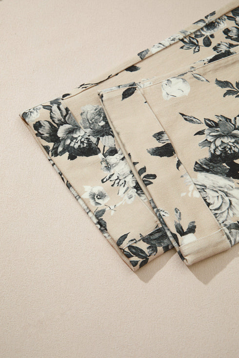 Retro Floral Print Turn Up Cuffed Hem Loose Jeans