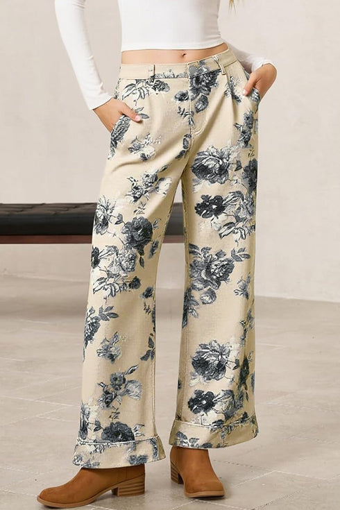 Retro Floral Print Turn Up Cuffed Hem Loose Jeans