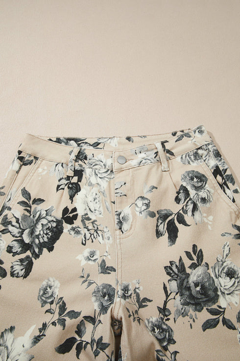 Retro Floral Print Turn Up Cuffed Hem Loose Jeans