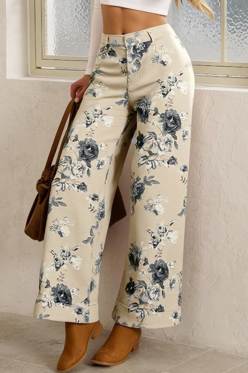 Retro Floral Print Turn Up Cuffed Hem Loose Jeans