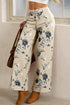 Retro Floral Print Turn Up Cuffed Hem Loose Jeans